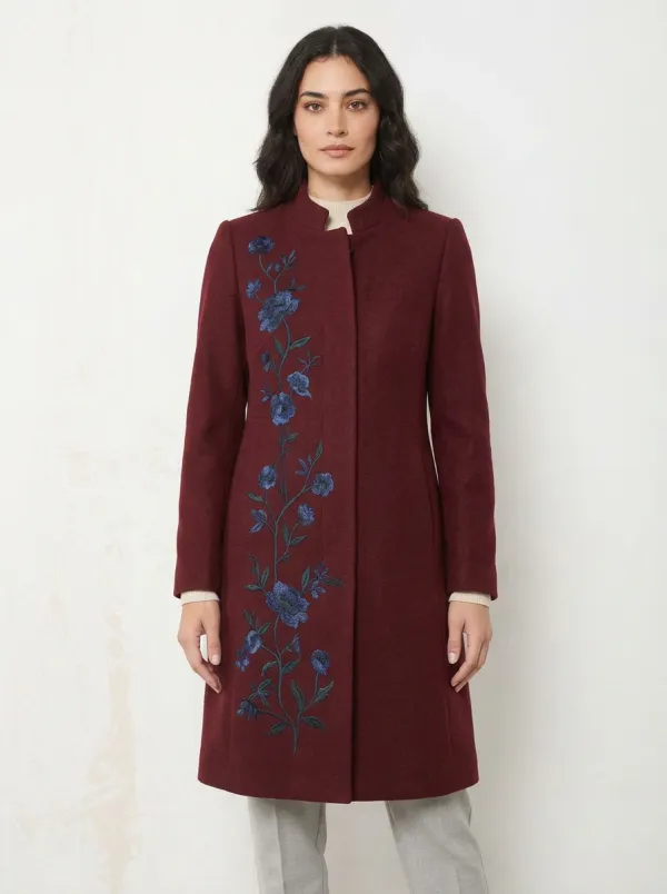 Women's Floral Lover Navy Blue Embroidered Coat