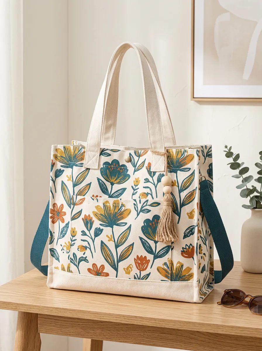 Women's Detachable Strap Botanical Floral Printed Canvas Shoulder Tote Bag