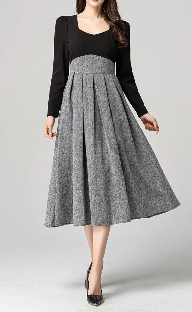 Polyester Fit And Flare Square Neck Long Sleeve Midi Dress