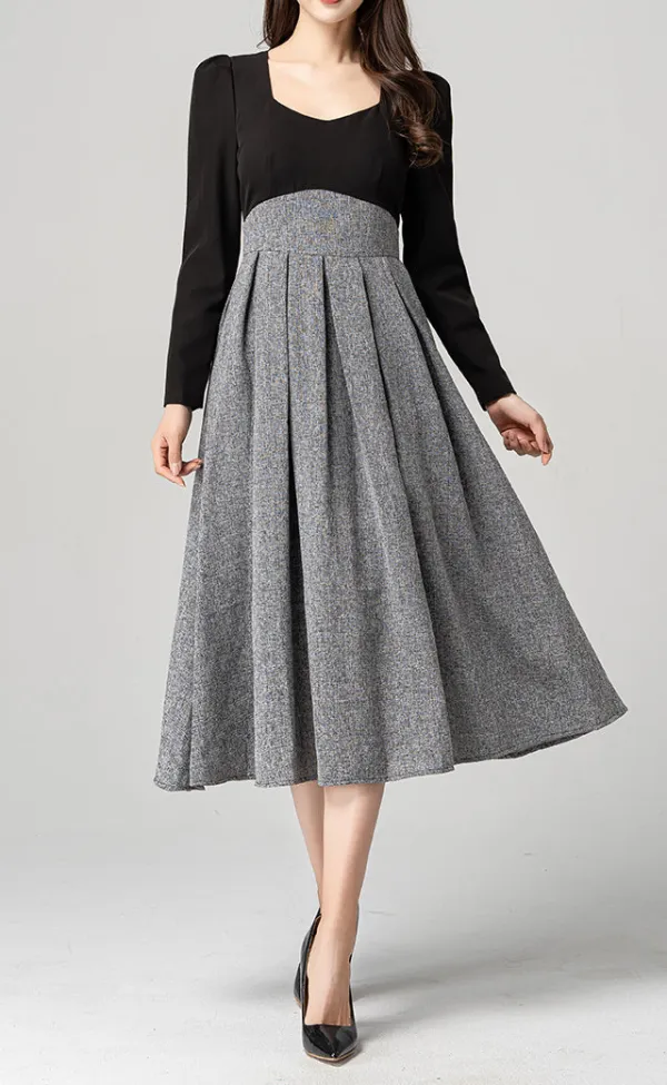 Polyester Fit And Flare Square Neck Long Sleeve Midi Dress