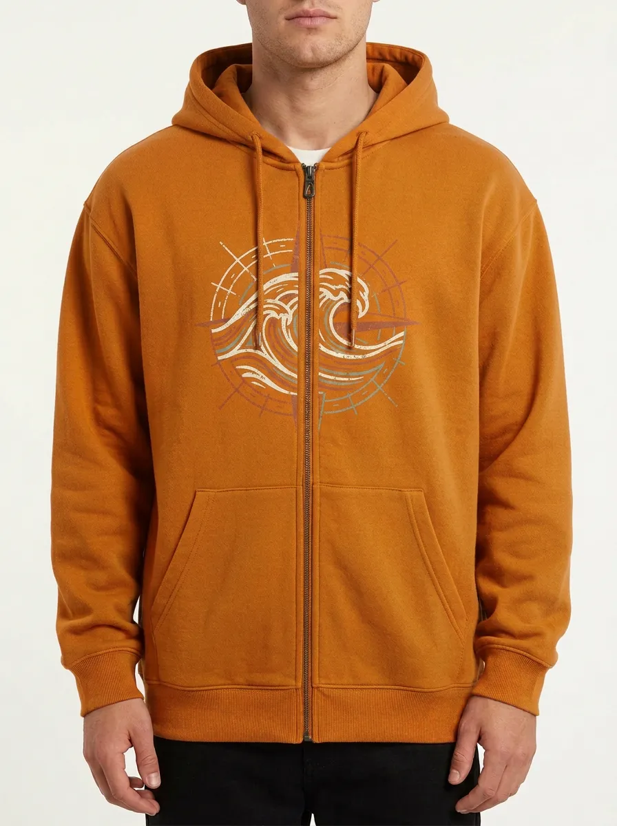 Men's Ocean Surfer Compass Wave Printed Zip-up Hoodie