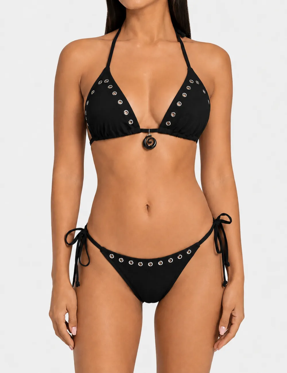 Solid Color Eyelet Detail Triangle Piece Bikini Set