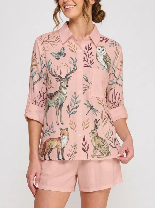 Women's Woodland Animal Deer Fox Owl Graphic Button-up Shirt Tank Top