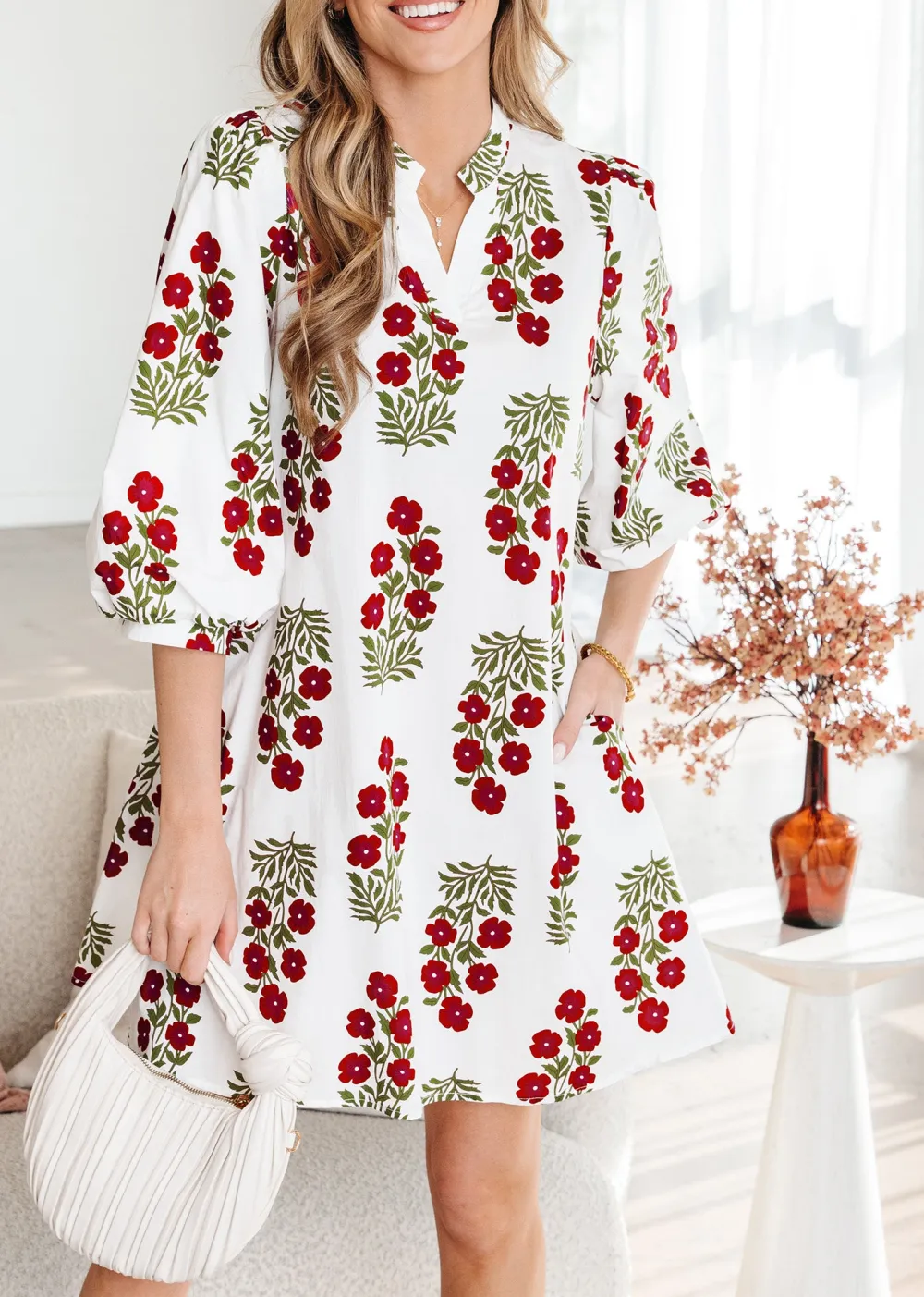 Women's Floral Print V Neck Loose Fit Mini Dress