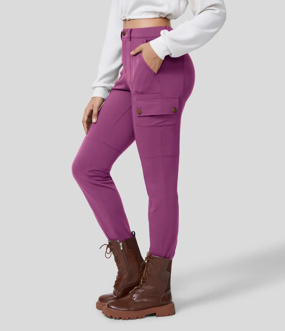 High Waisted Button Zipper Multiple Pockets Solid Skinny Cargo Pants
