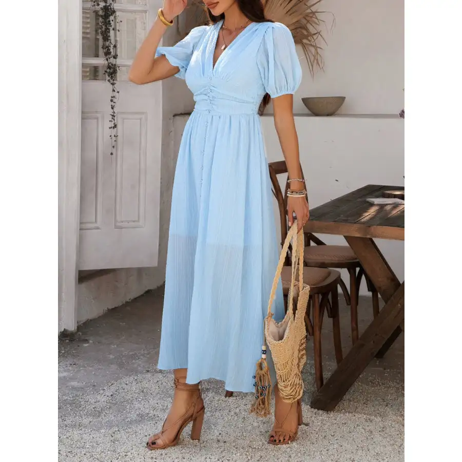 V-Neck Puff Short Sleeve Midi Dress