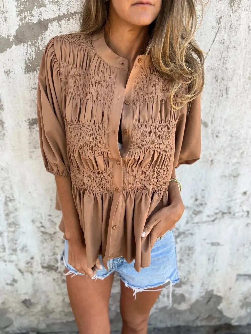 Smocked Puff-Sleeve Buttoned Blouse