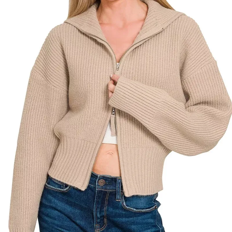 Cropped Zip Up Ribbed Knit Cardigan