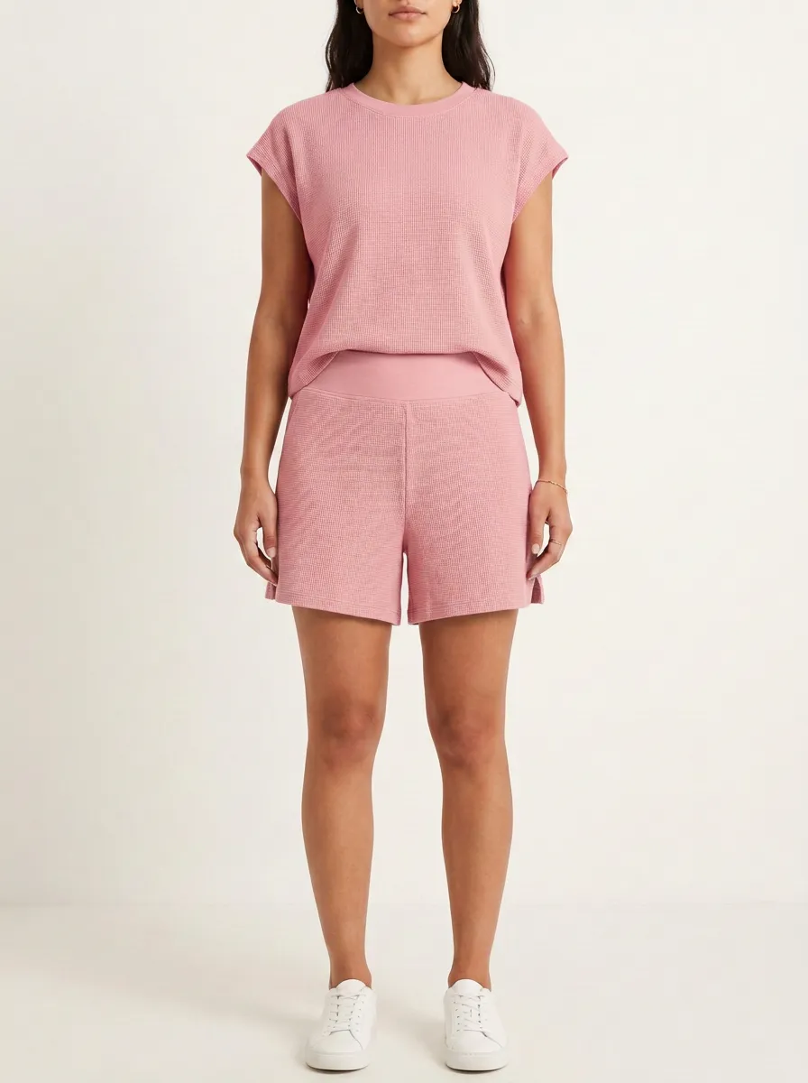 Women's Classic Waffle Textured Lounge Inspired T-Shirt and Shorts Active Set