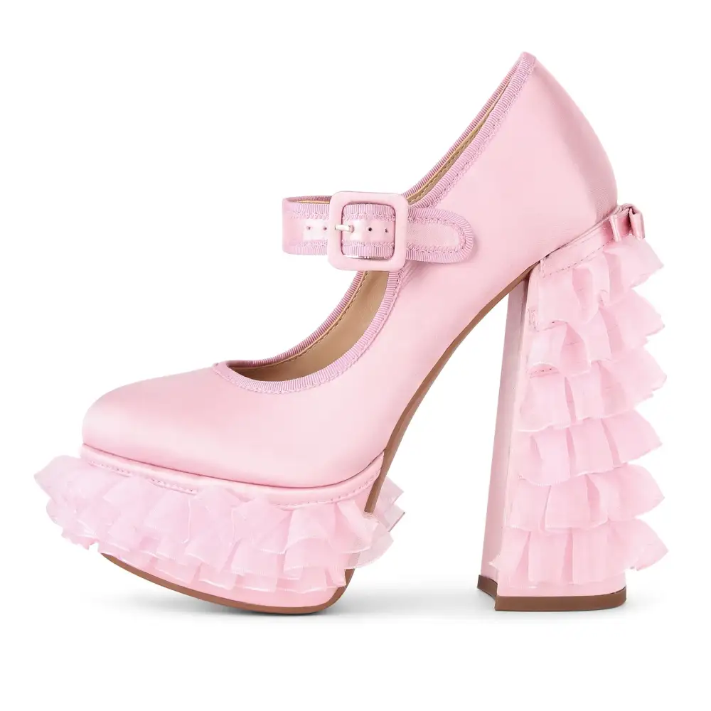 Satin Finish Lace Detail Round Toe Platform Chunky Heel Pumps