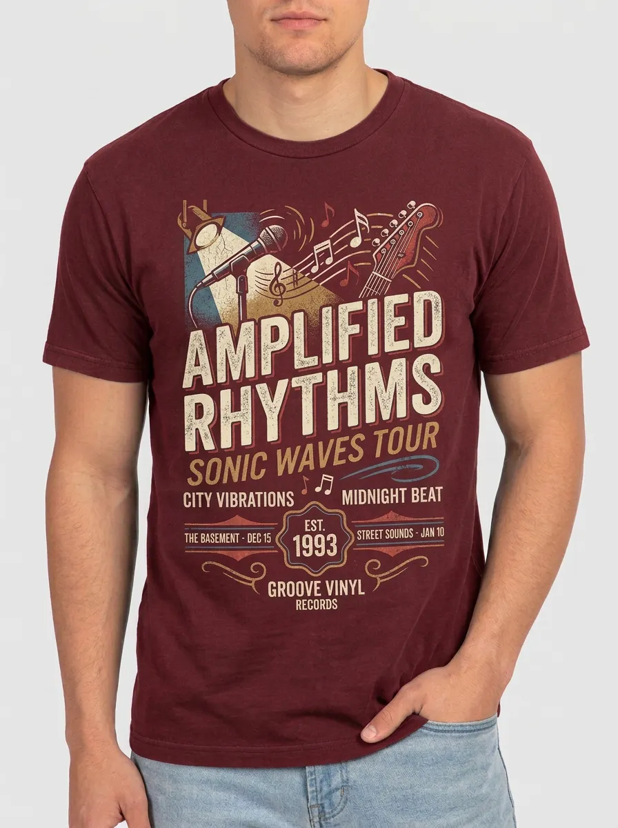 Men's Music Lover Amplified Rhythms Guitar Microphone Printed T-shirt