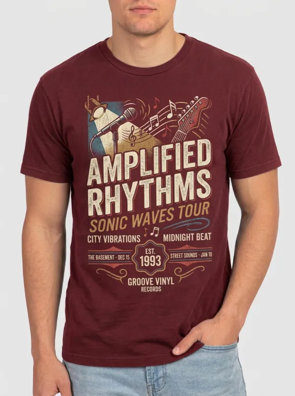 Men's Music Lover Amplified Rhythms Guitar Microphone Printed T-shirt