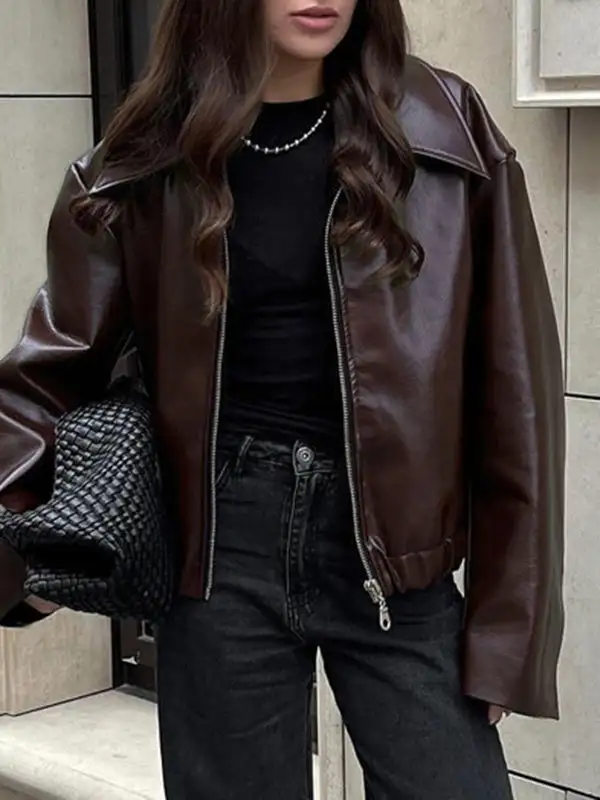 Faux Leather Zip Front Jacket Essential