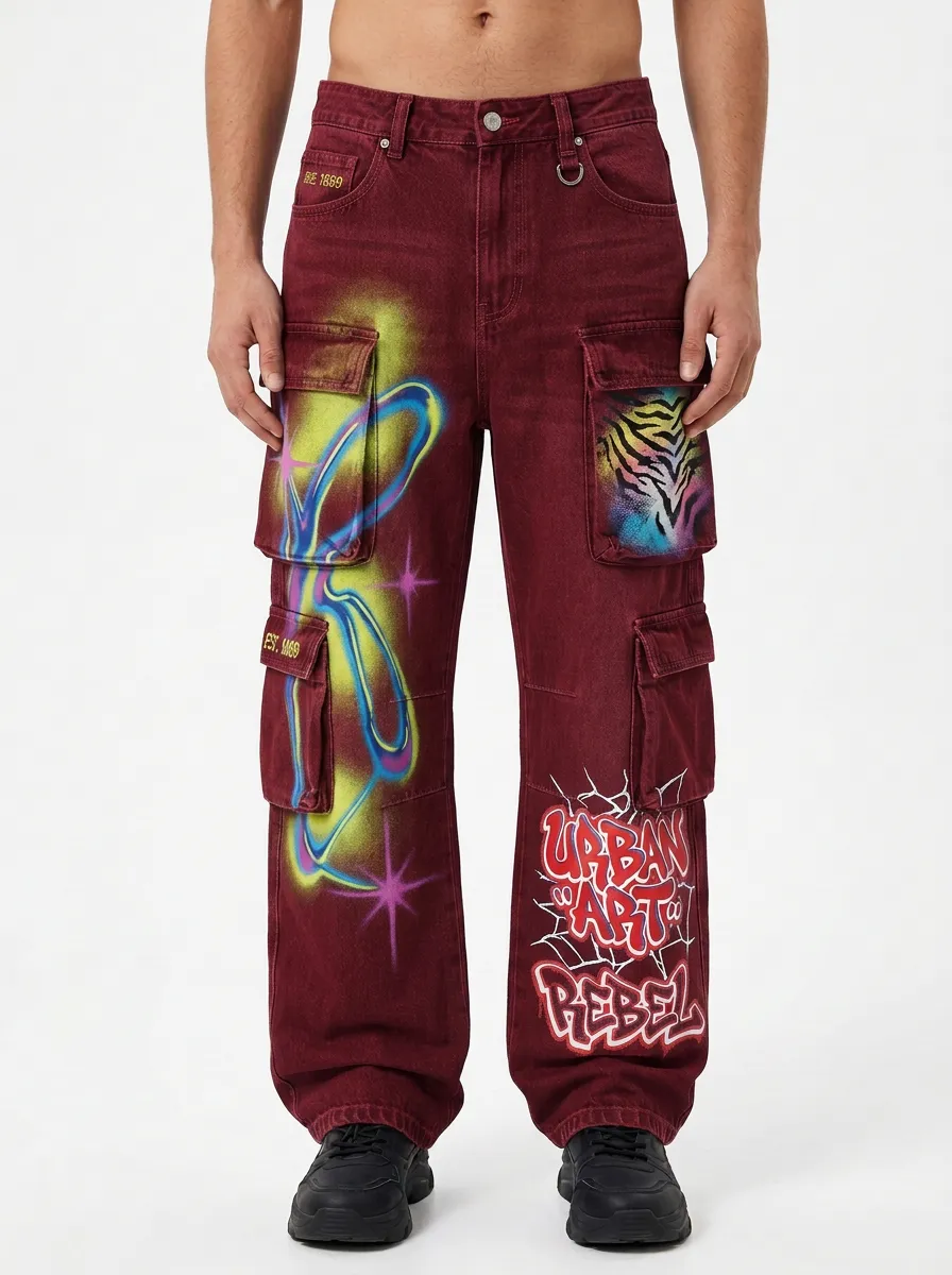 Men's Graffiti Urban Art Tiger Print Graphic Cargo Jeans