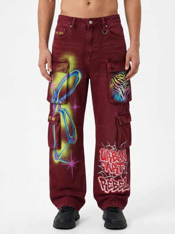 Men's Graffiti Urban Art Tiger Print Graphic Cargo Jeans