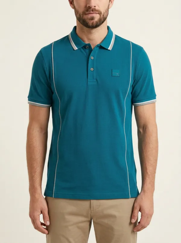 Men's Navy Blue Contrast Piping Embroidered Accent Polo Shirt