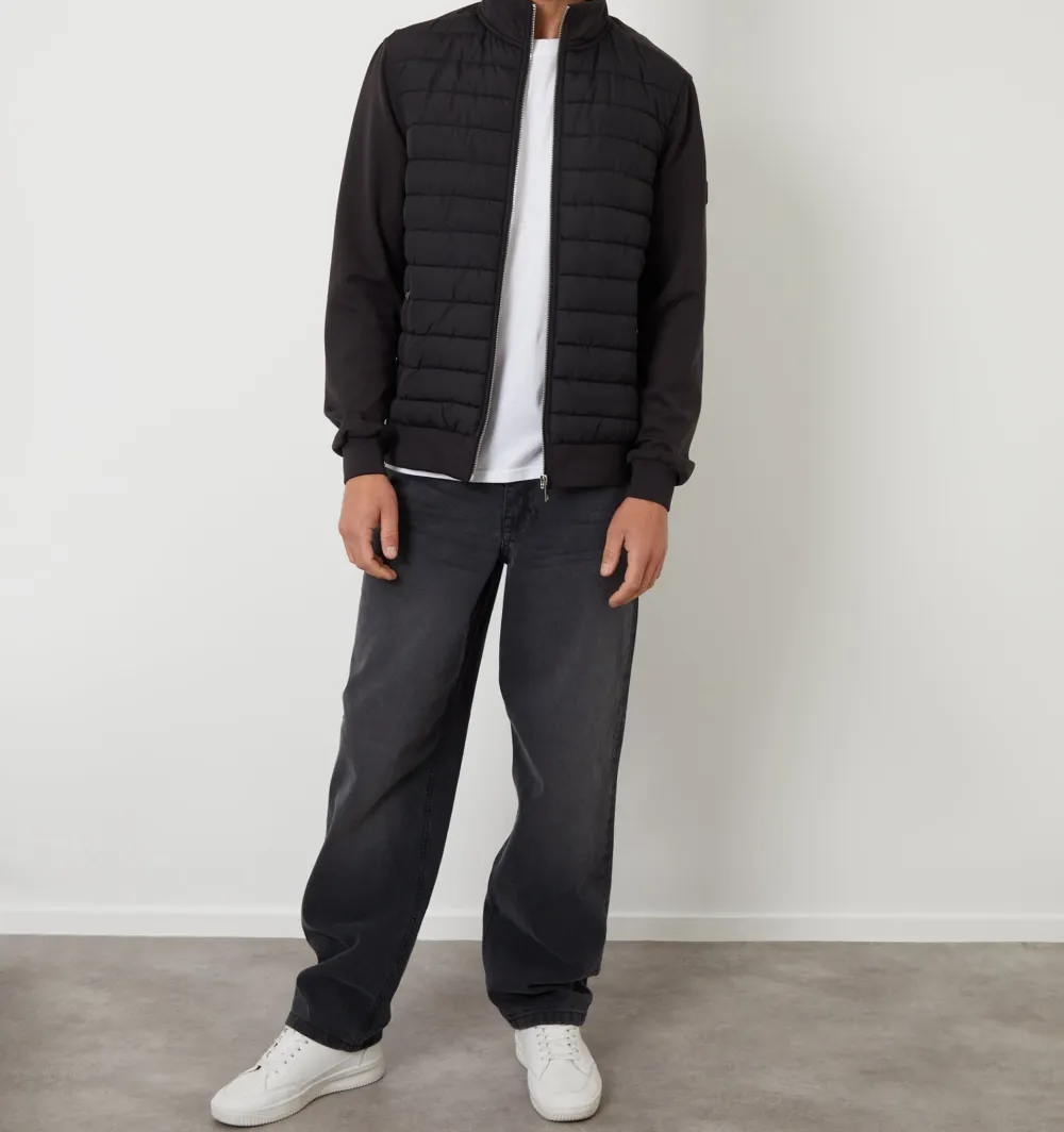 Men's Black Quilted Hybrid Funnel-Neck Jacket