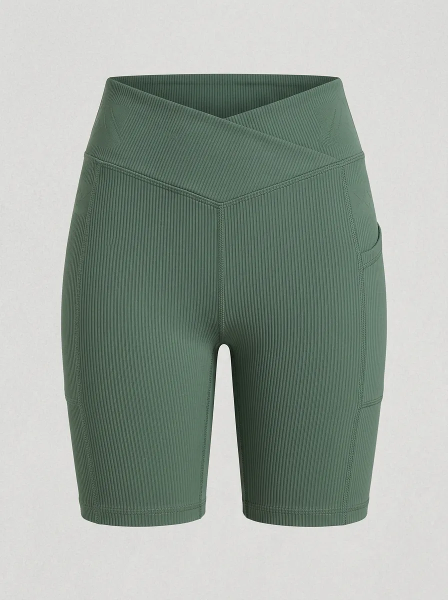 Women's Yoga Fitness Green Ribbed Cross-Waist Pocketed Biker Shorts