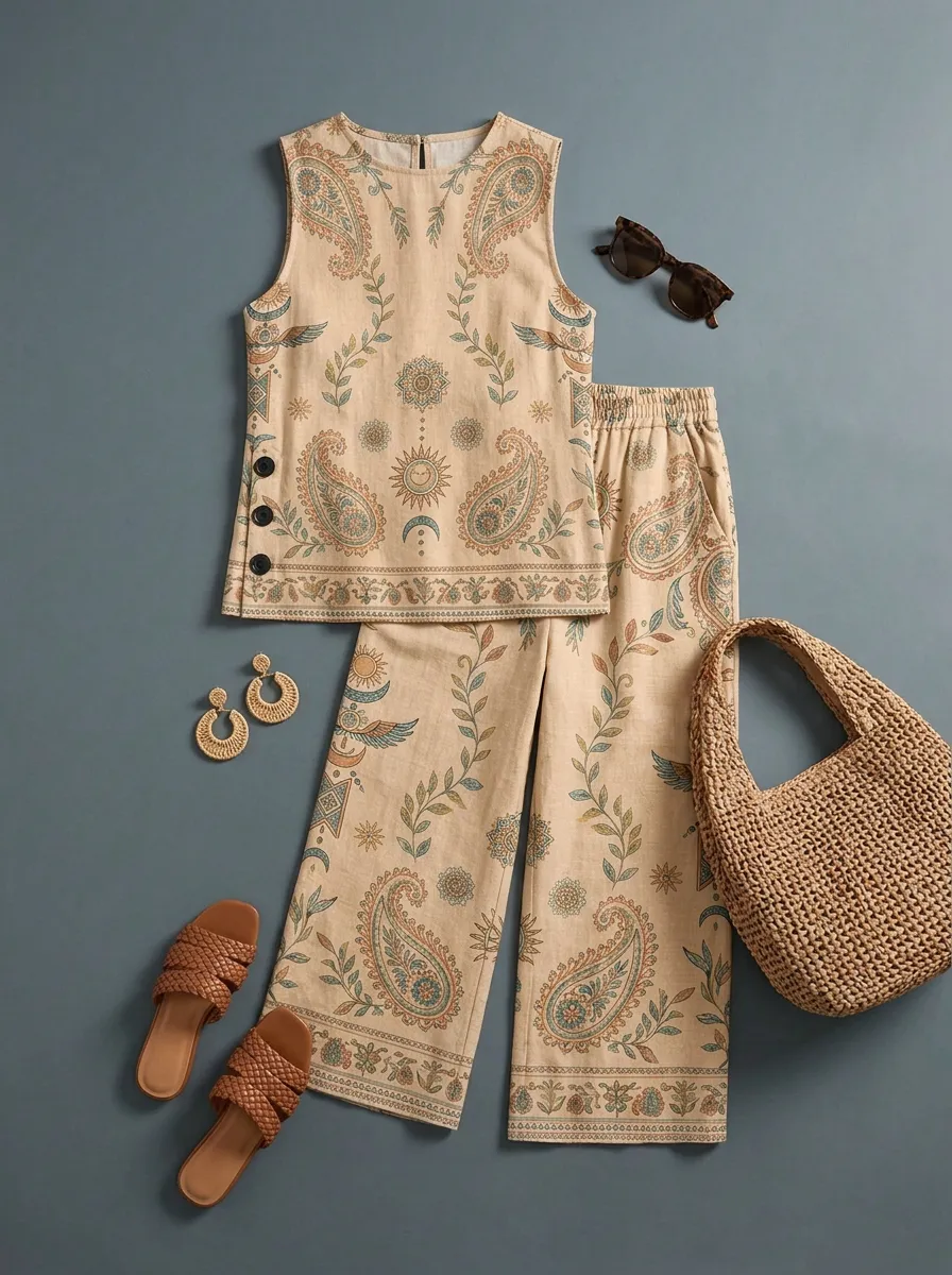 Women's Boho Paisley Sun Moon Printed Sleeveless Set