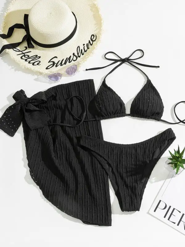 Lace Up Textured Layered Bikini Swim Set