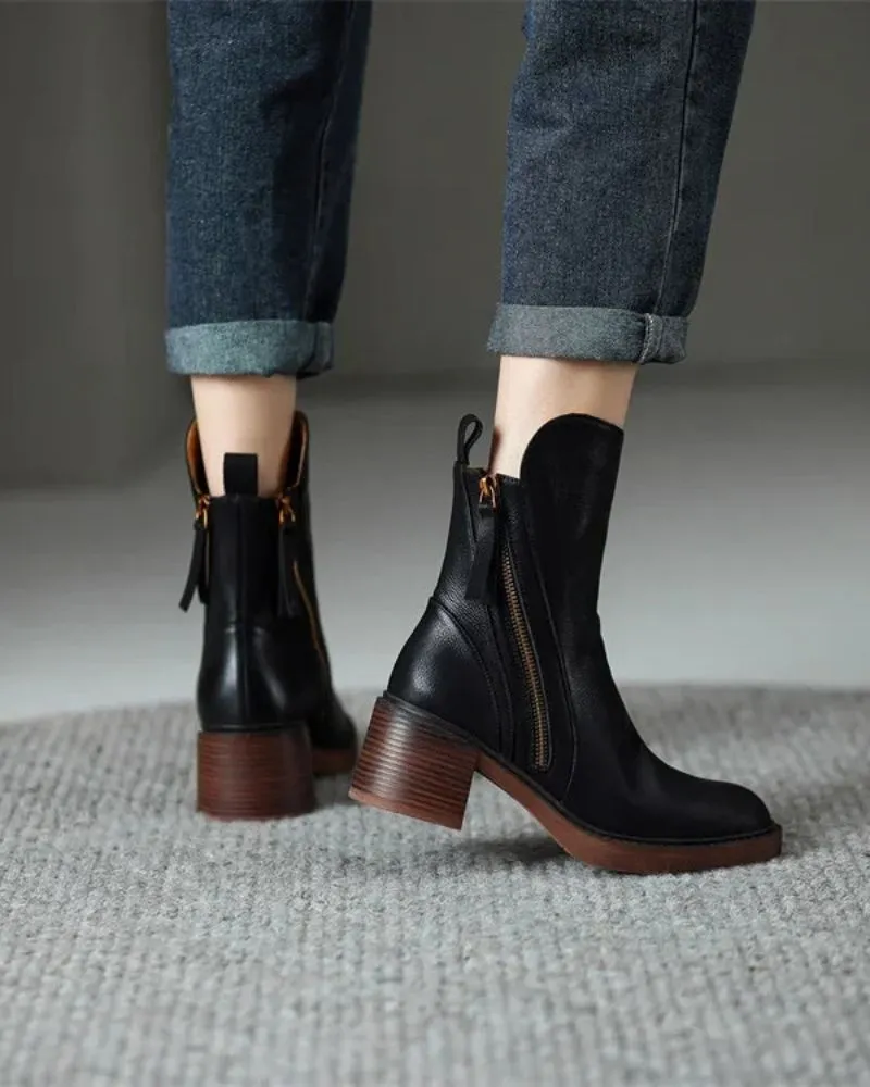 Leather Ankle Boots Side Zip Block Heel