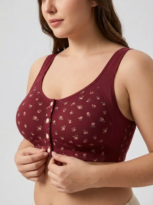 Women's Plus Size Beige Rose Floral Front-Closure Full-Coverage Wireless Bralette