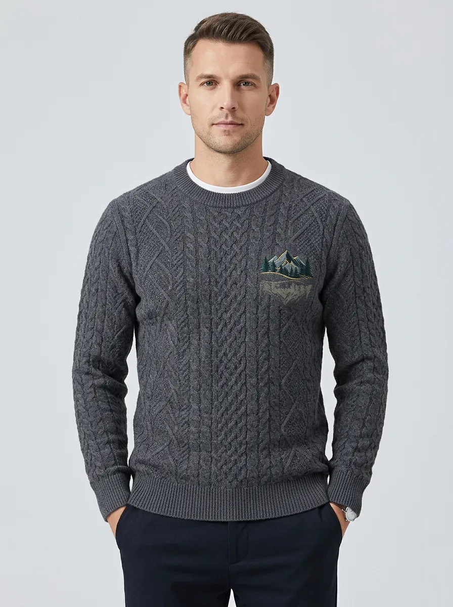 Men's Charcoal Grey Nature Mountain Forest Embroidered Knit Sweater