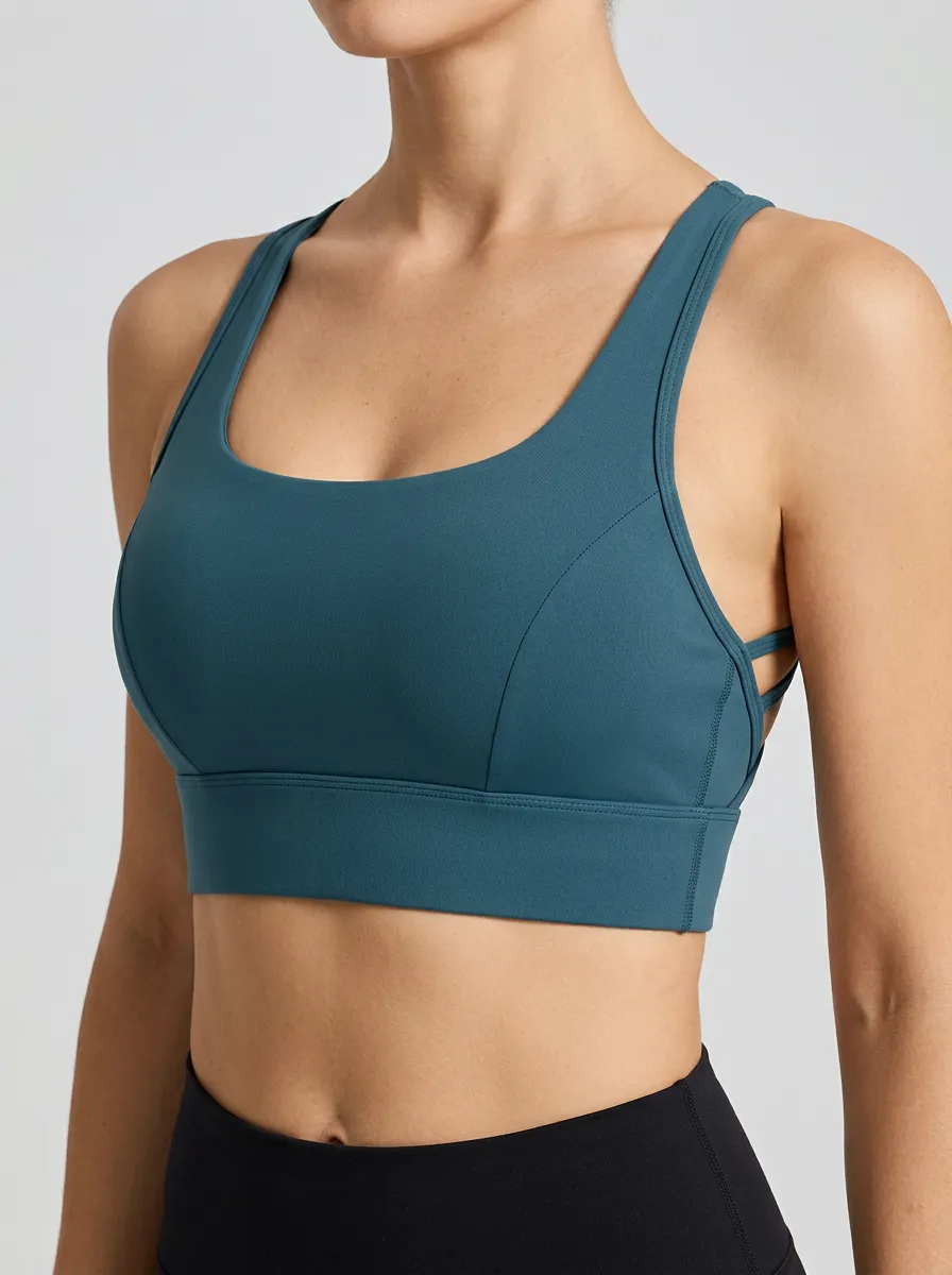 Women's Scoop Neck Strappy Back Panel Detail Sports Bra