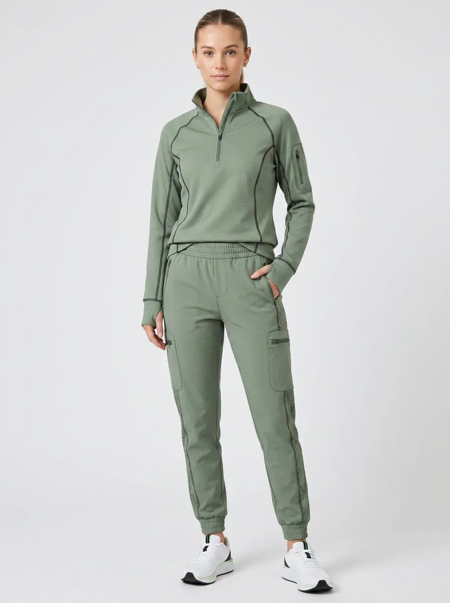 Women's Activewear Sage Green Quarter-Zip Cargo Jogger Set