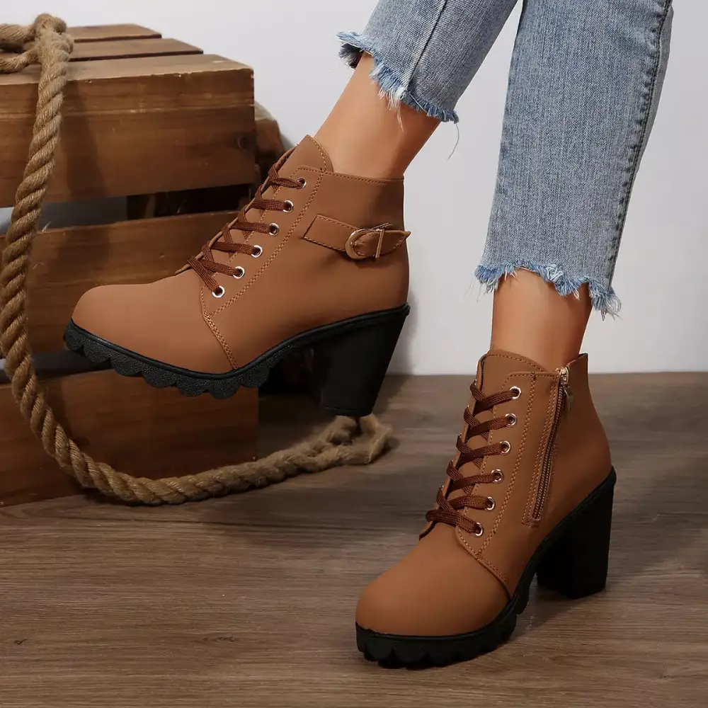 Textured Lace-Up Block Heel Boots