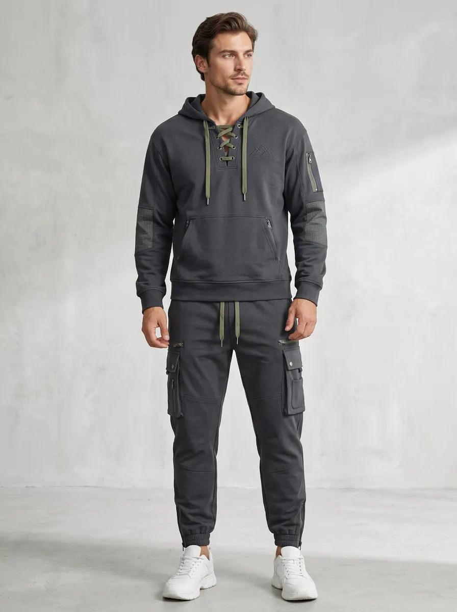 Trail-Inspired Lace-Up Multi Pocket Finish Men's Lace Up Hoodie And Cargo Jogger Set