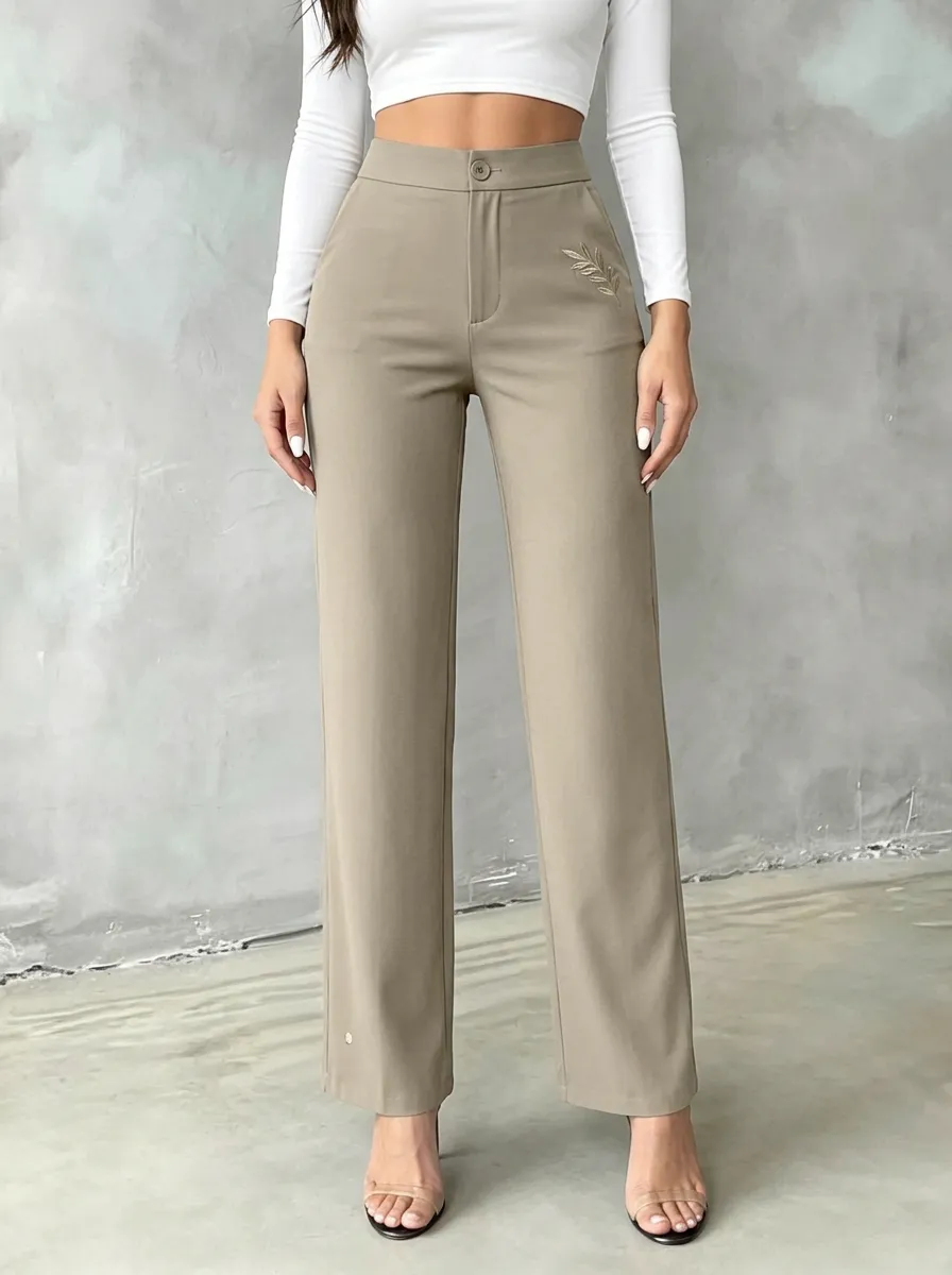 Women's Versatile Everyday Leaf Embroidered Mid Rise Straight Leg Pants