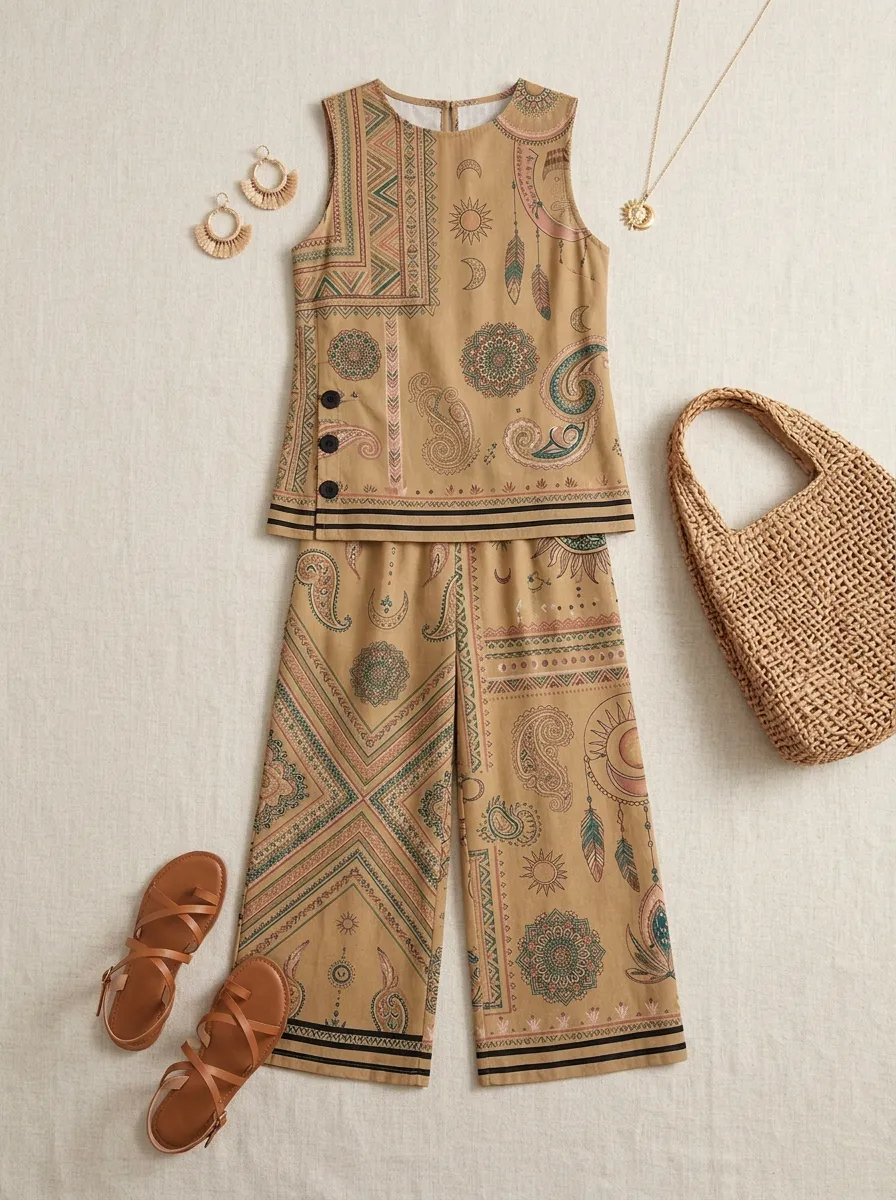 Women's Boho Mandala Sun Moon Printed Sleeveless Set