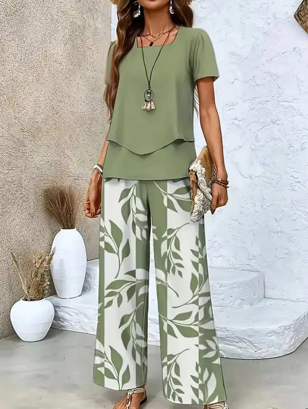 Print Top Wide-Leg Pants Set