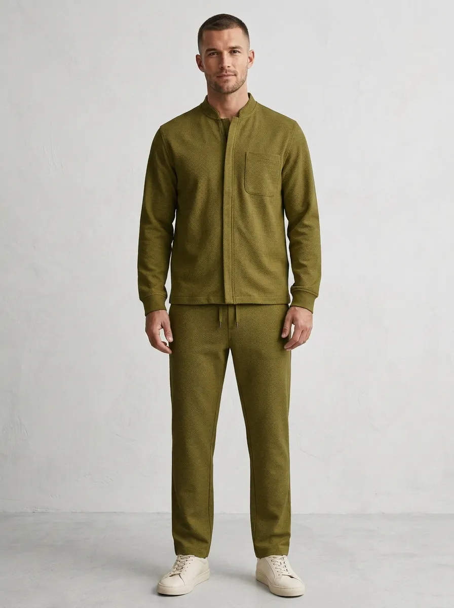 Modern Mandarin Collar Textured Minimalist Silhouette Men's Long Sleeve Top and Pants Two Piece Set