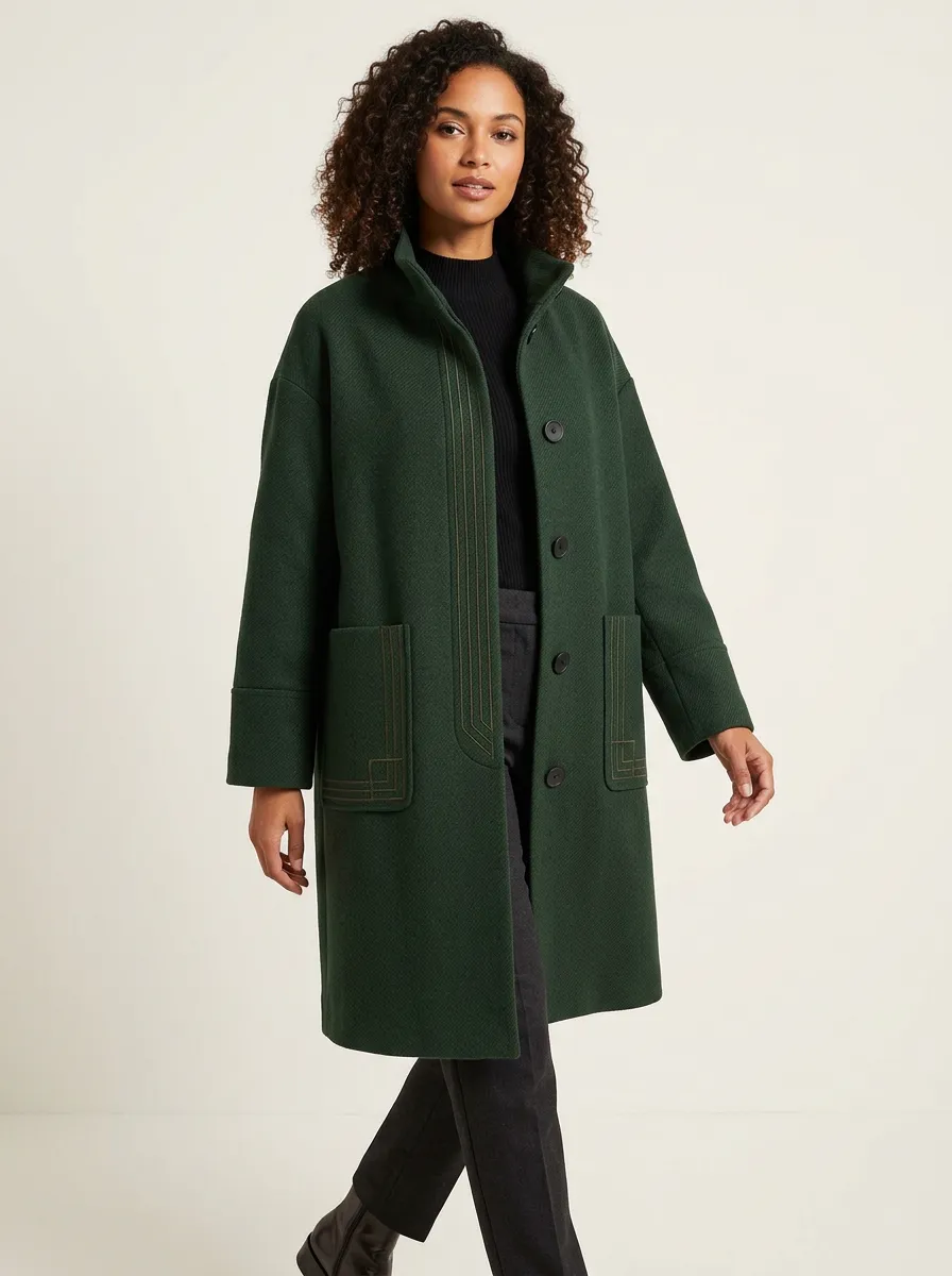 Women's Geometric Stitch Dark Green Coat