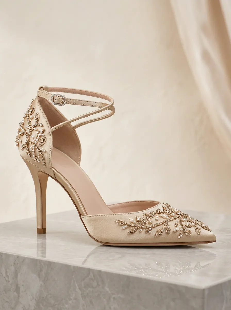 Rhinestone Pearl Floral Ankle-Strap Women's Formal High Heels
