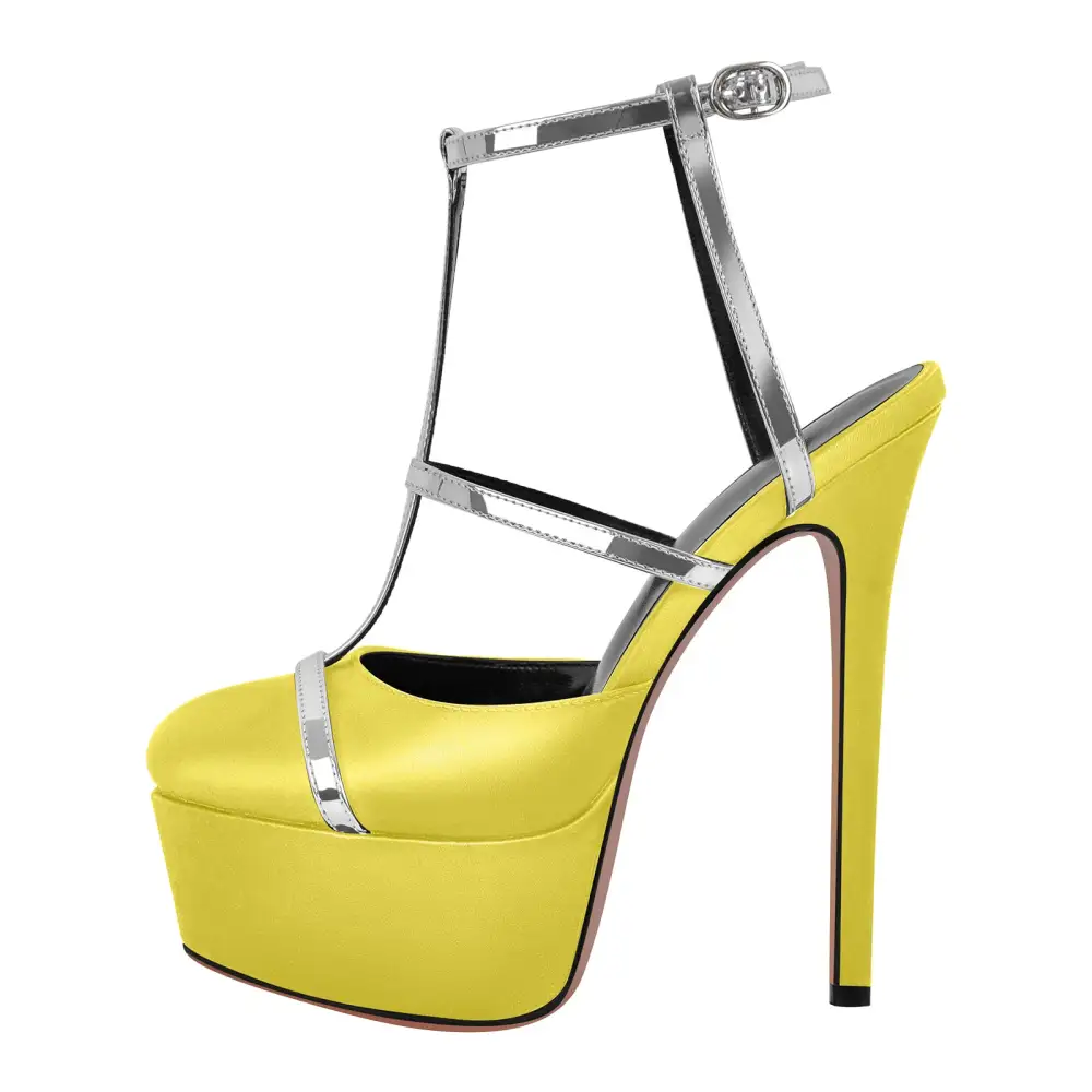 Modern Round Toe Platform Stiletto Ankle Strap Pumps