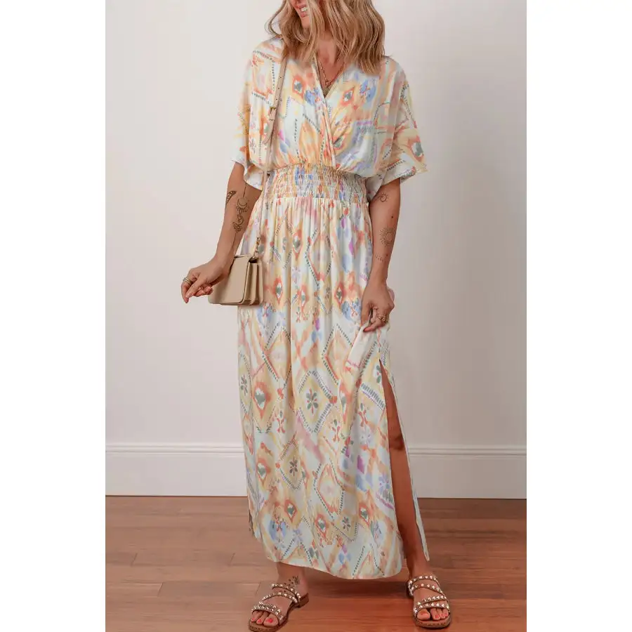 Printed Half Sleeve Shirred High Waist Maxi Dress