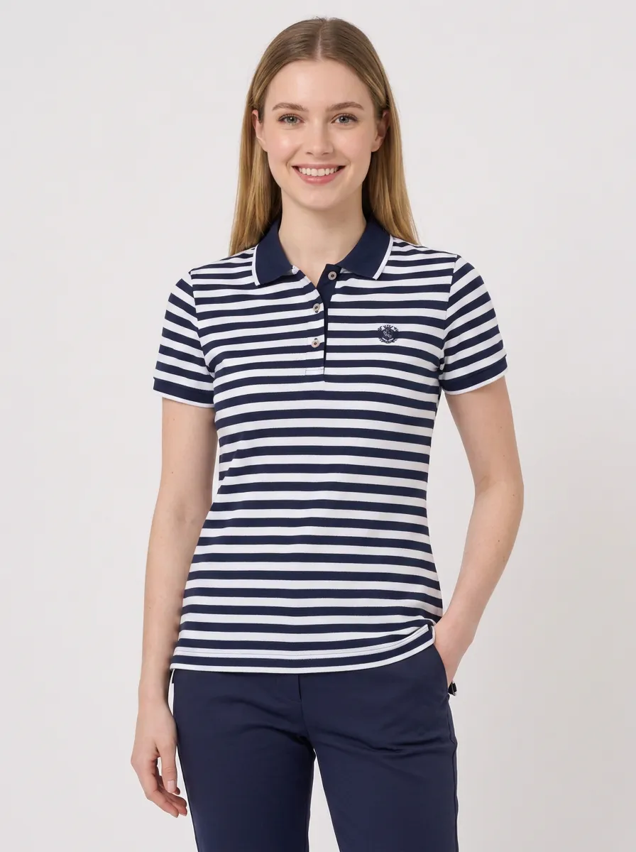 Women's Casual Nautical Navy White Striped Printed Polo Shirt