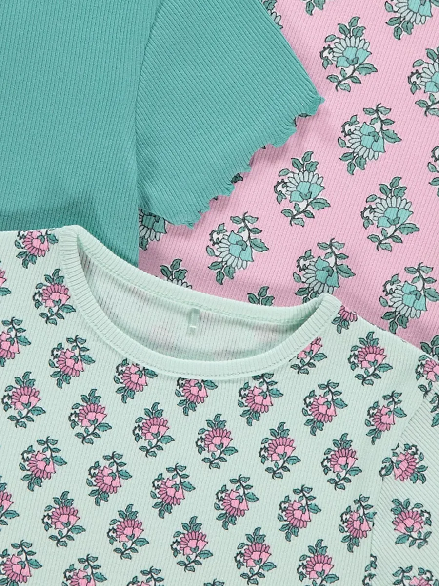 Floral Ribbed Lettuce Edge T-shirts 3 Pack