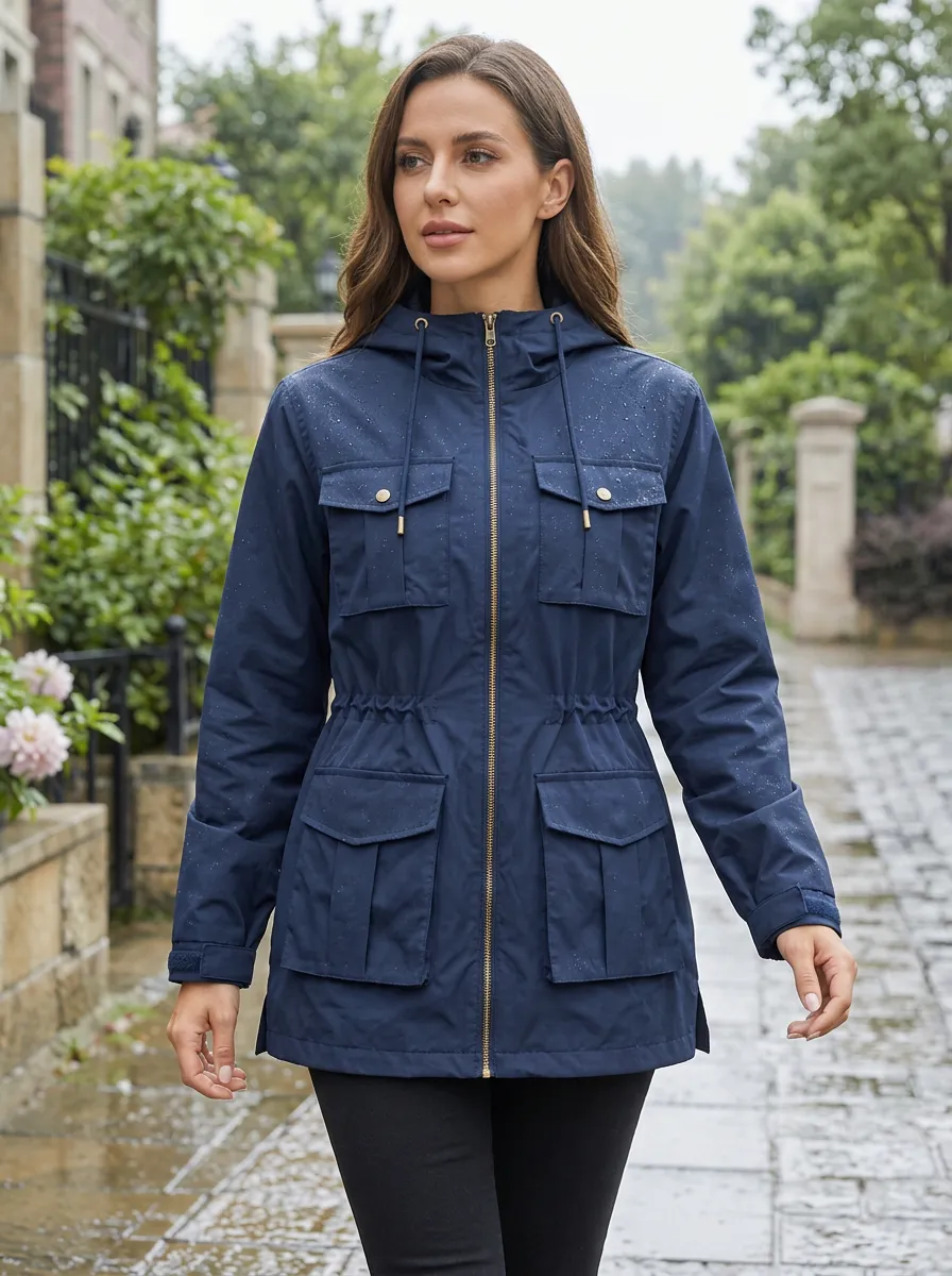 Women's Navy Blue Hooded Waterproof Utility Rain Jacket