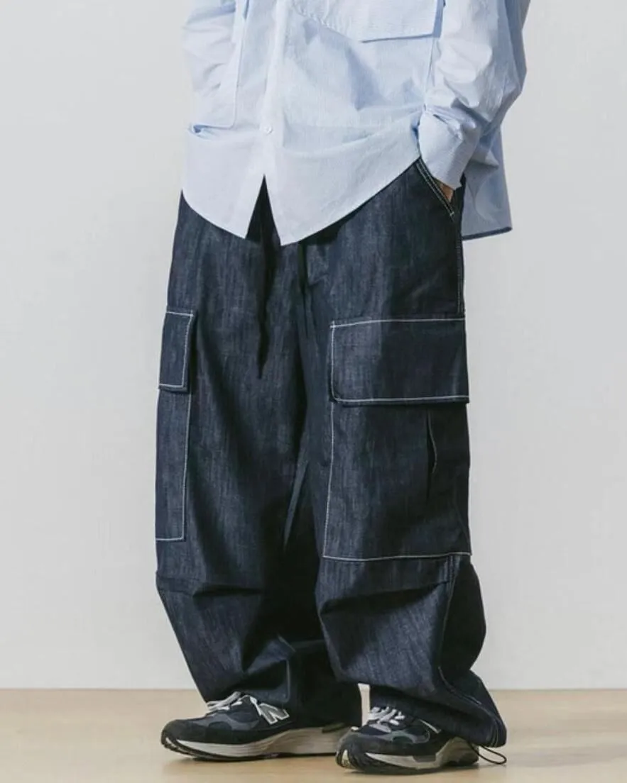 Contrast Stripe Denim Relaxed Cargo Pants