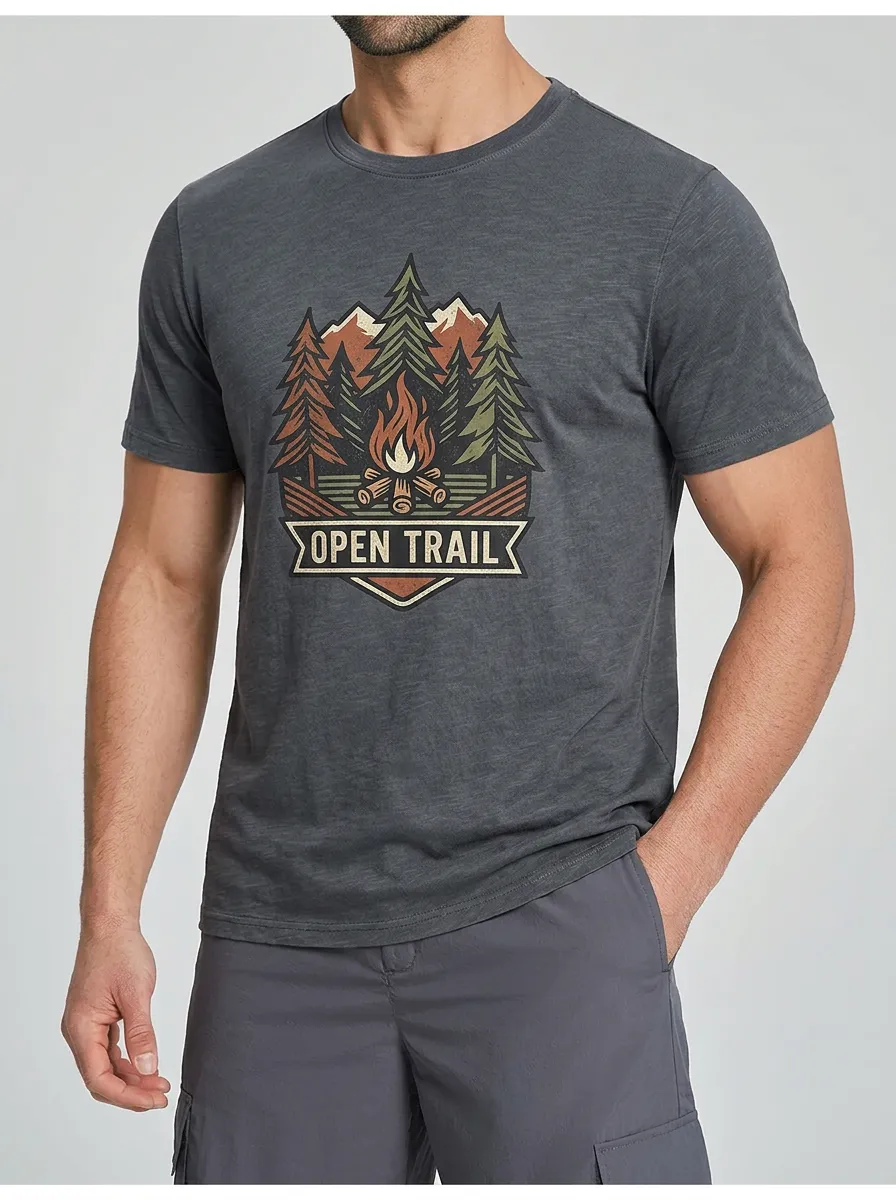 Men's Camping Hiking Lover Open Trail Mountain Campfire Printed T-shirt
