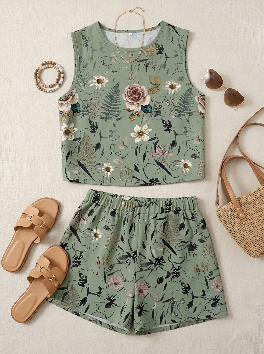 Women's Botanical Floral Rose Printed Sleeveless Shorts Set