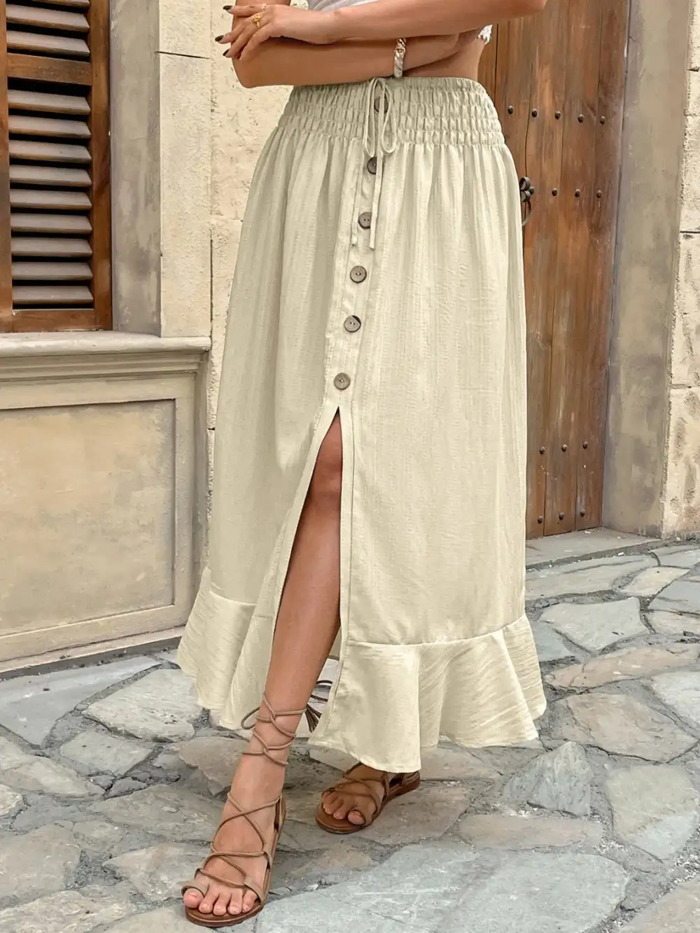 Button Front Smocked Skirt