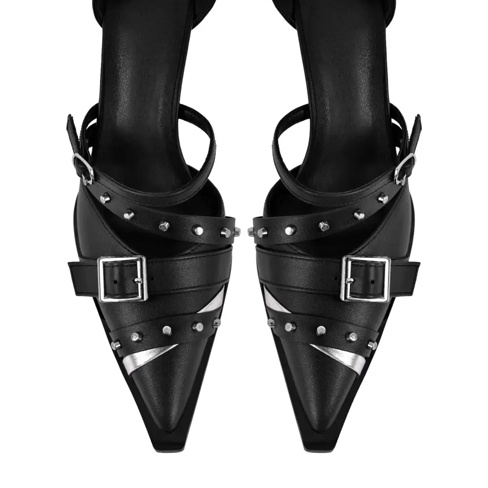 Modern Rivet Pointed Toe Stiletto Ankle Strap Pumps