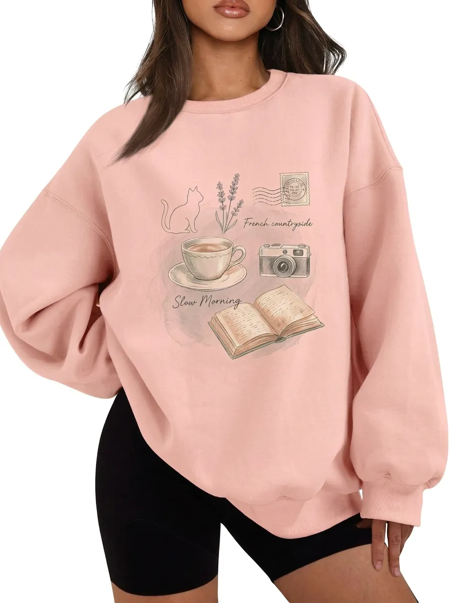 Women's French Countryside Cat Coffee Book Graphic Sweatshirt