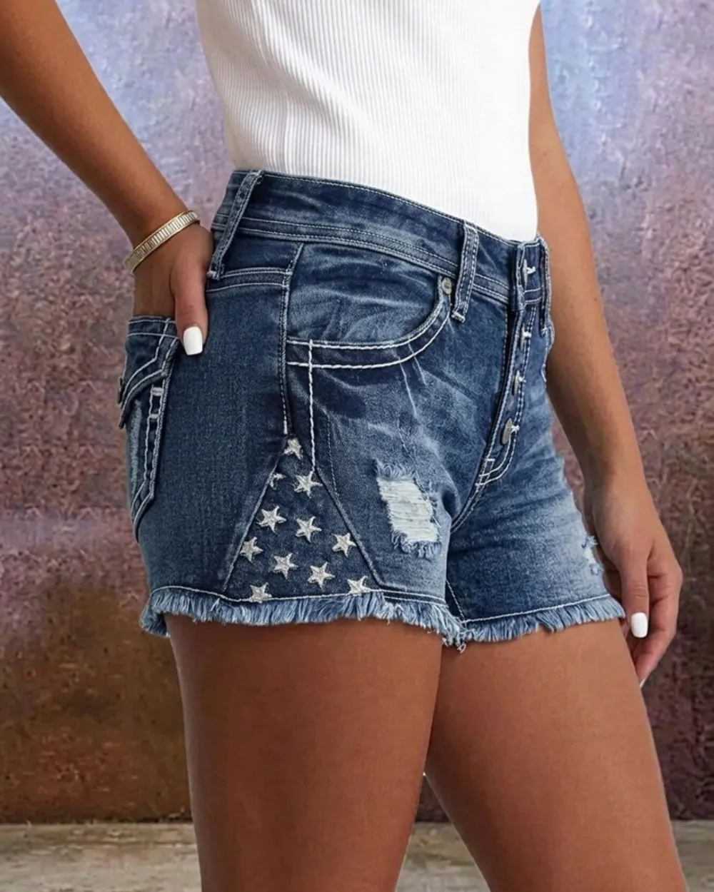 Stretch Distressed Slim-Fit Denim Shorts
