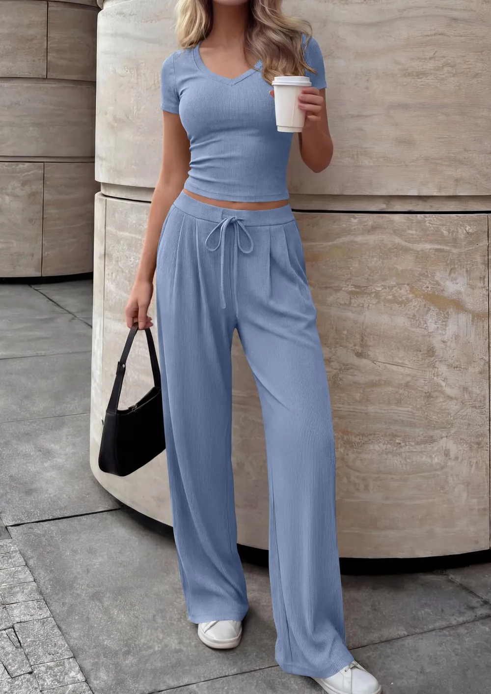 V Neck Tops Wide Leg Pants Set In Blue